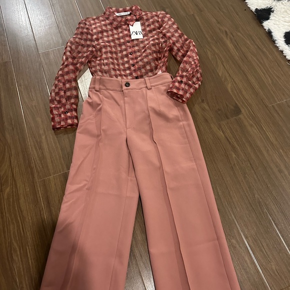Zara print transparent shirt and wide cropped pants - Picture 6 of 12